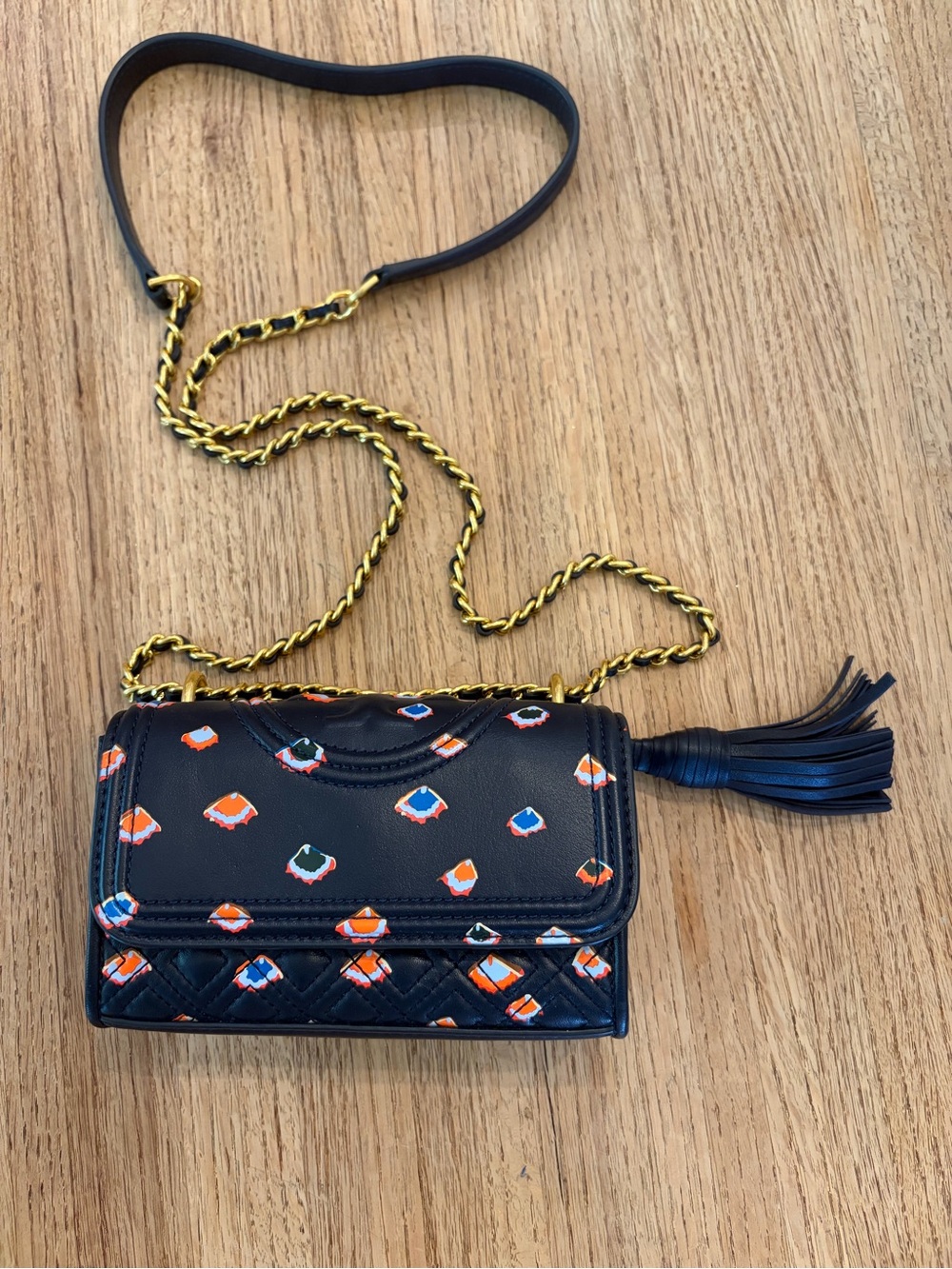 Tory Burch Navy Shoulder Bag with Orange and White Accents- Excellent Condition